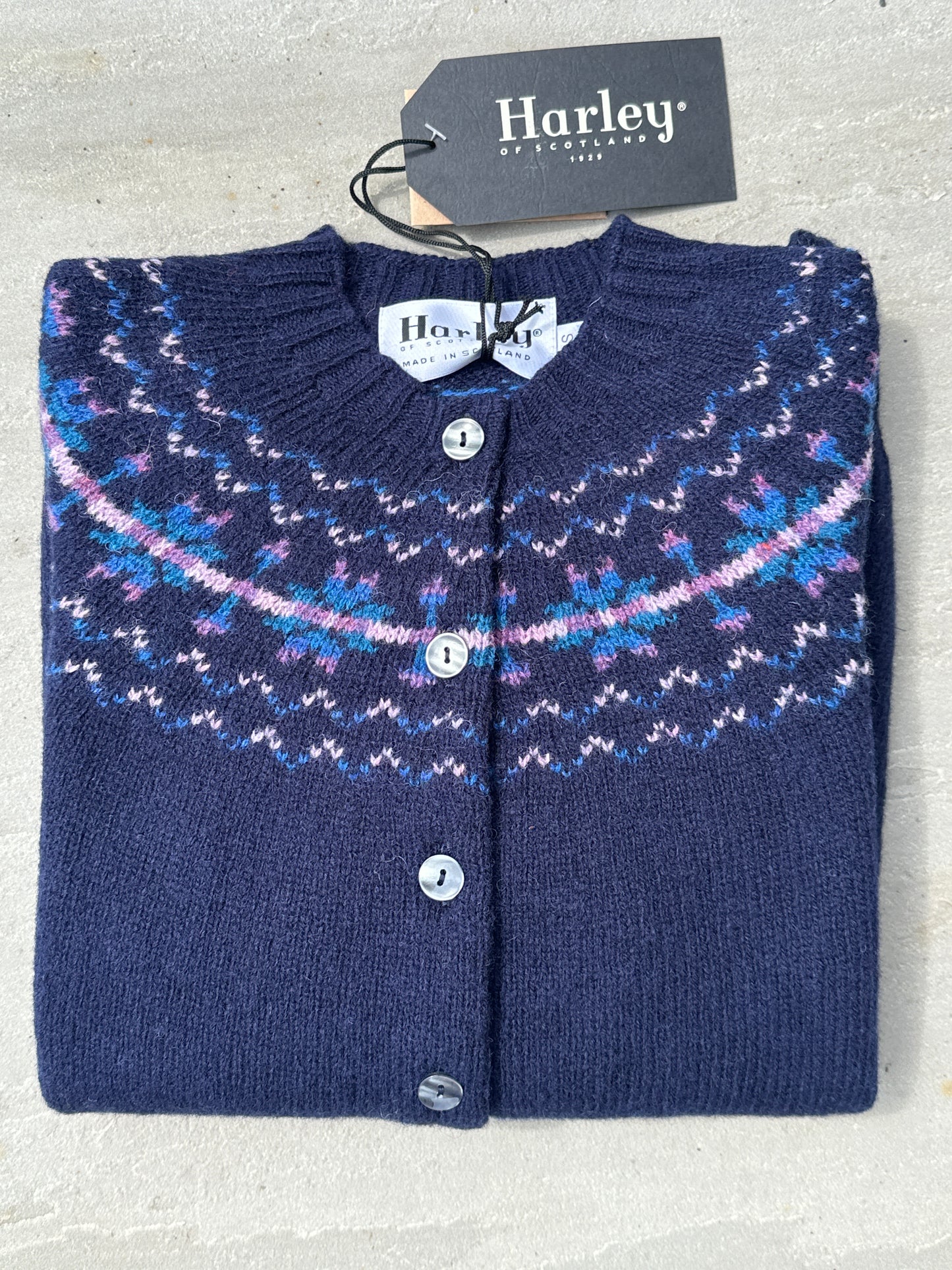 Harley Of Scotland Hara Yoke Fair Isle Cardigan In Navy 25