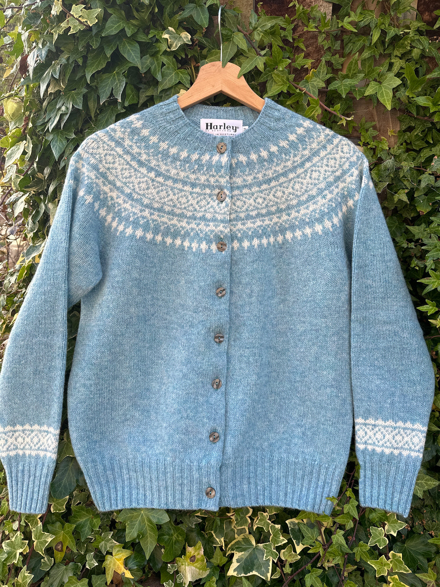 Harley Of Scotland Fairisle Cardigan Duck Egg White Thistle And Tweed