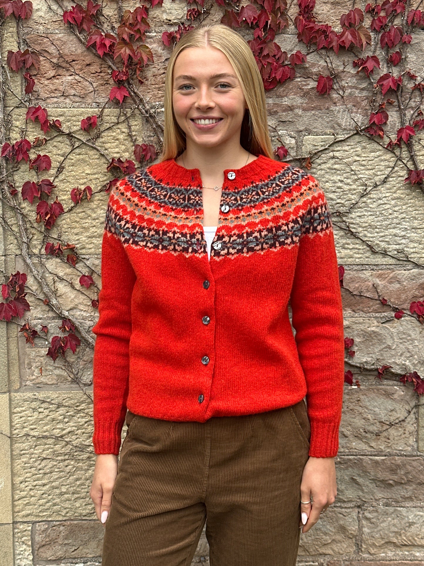 Harley Of Scotland Hara Yoke Fair Isle Cardigan In Carmen 25