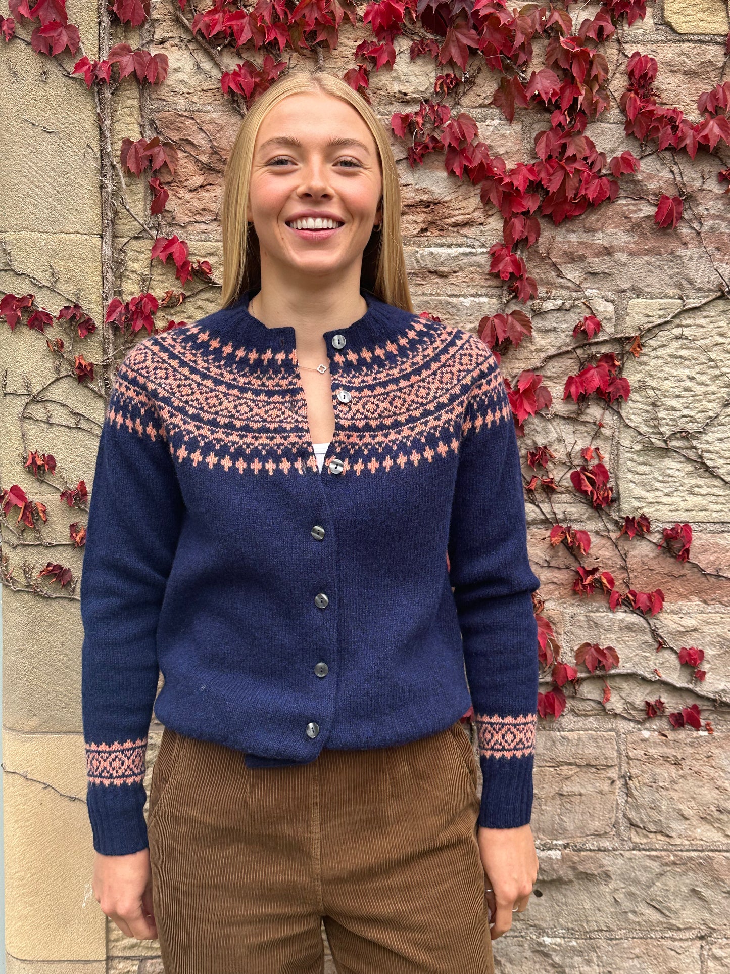 Harley Of Scotland Hara Yoke Fair Isle Cardigan In Nightsky/Parfait