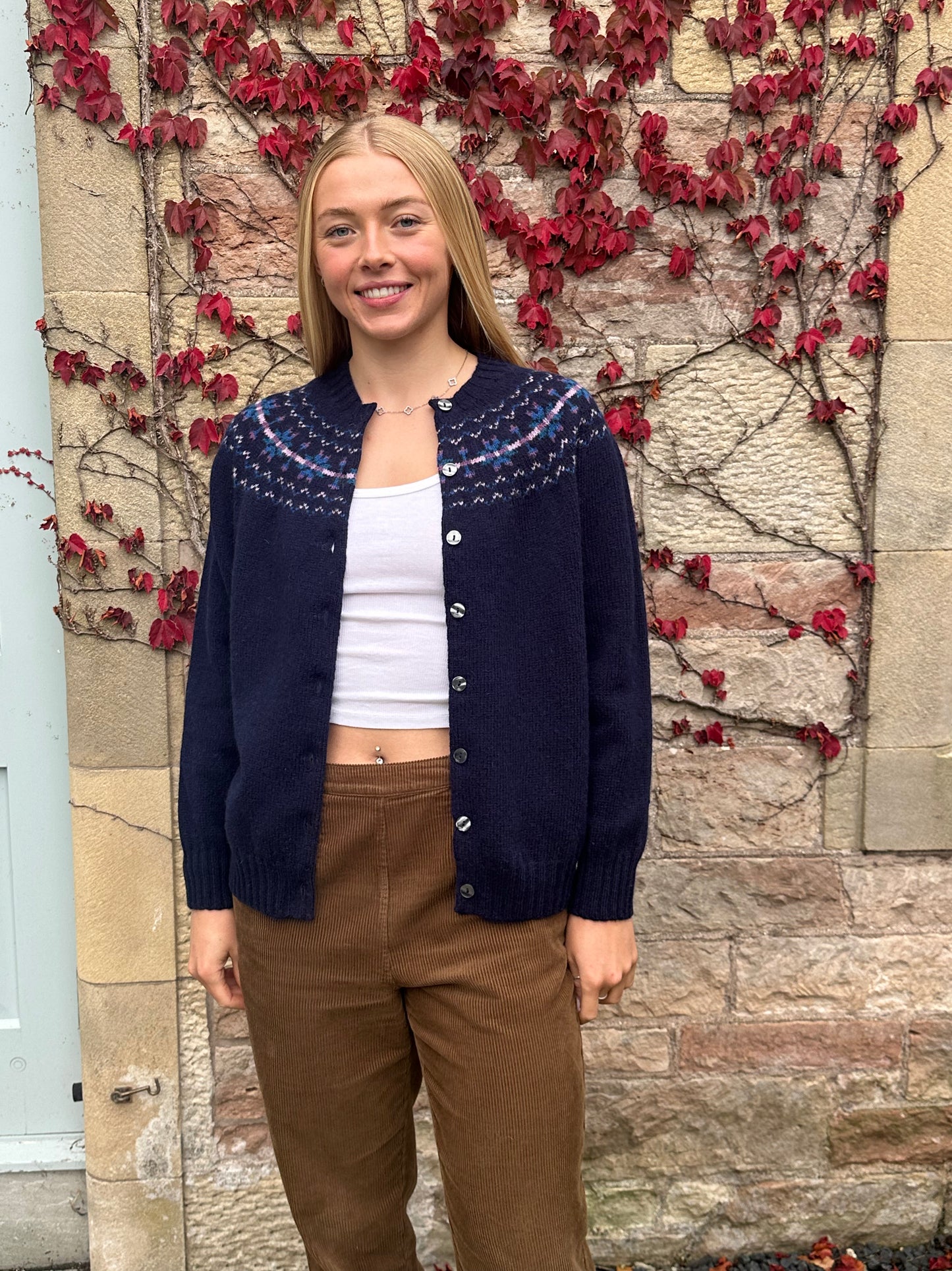Harley Of Scotland Hara Yoke Fair Isle Cardigan In Navy 25