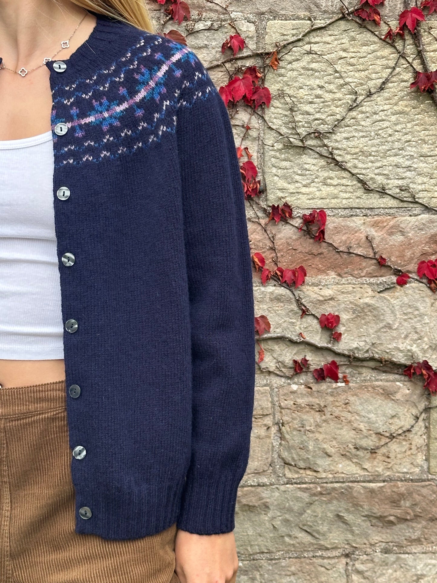 Harley Of Scotland Hara Yoke Fair Isle Cardigan In Navy 25