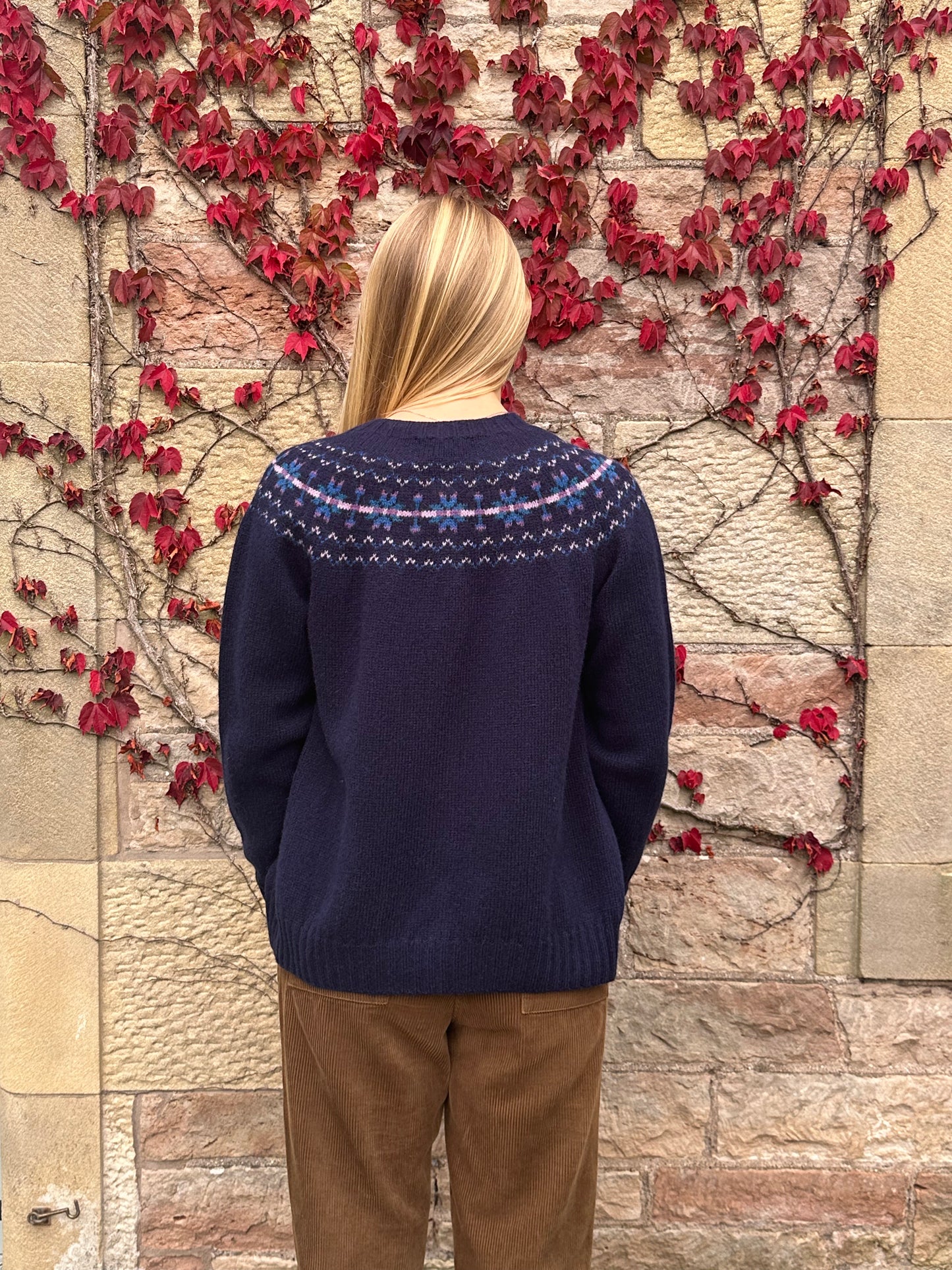 Harley Of Scotland Hara Yoke Fair Isle Cardigan In Navy 25