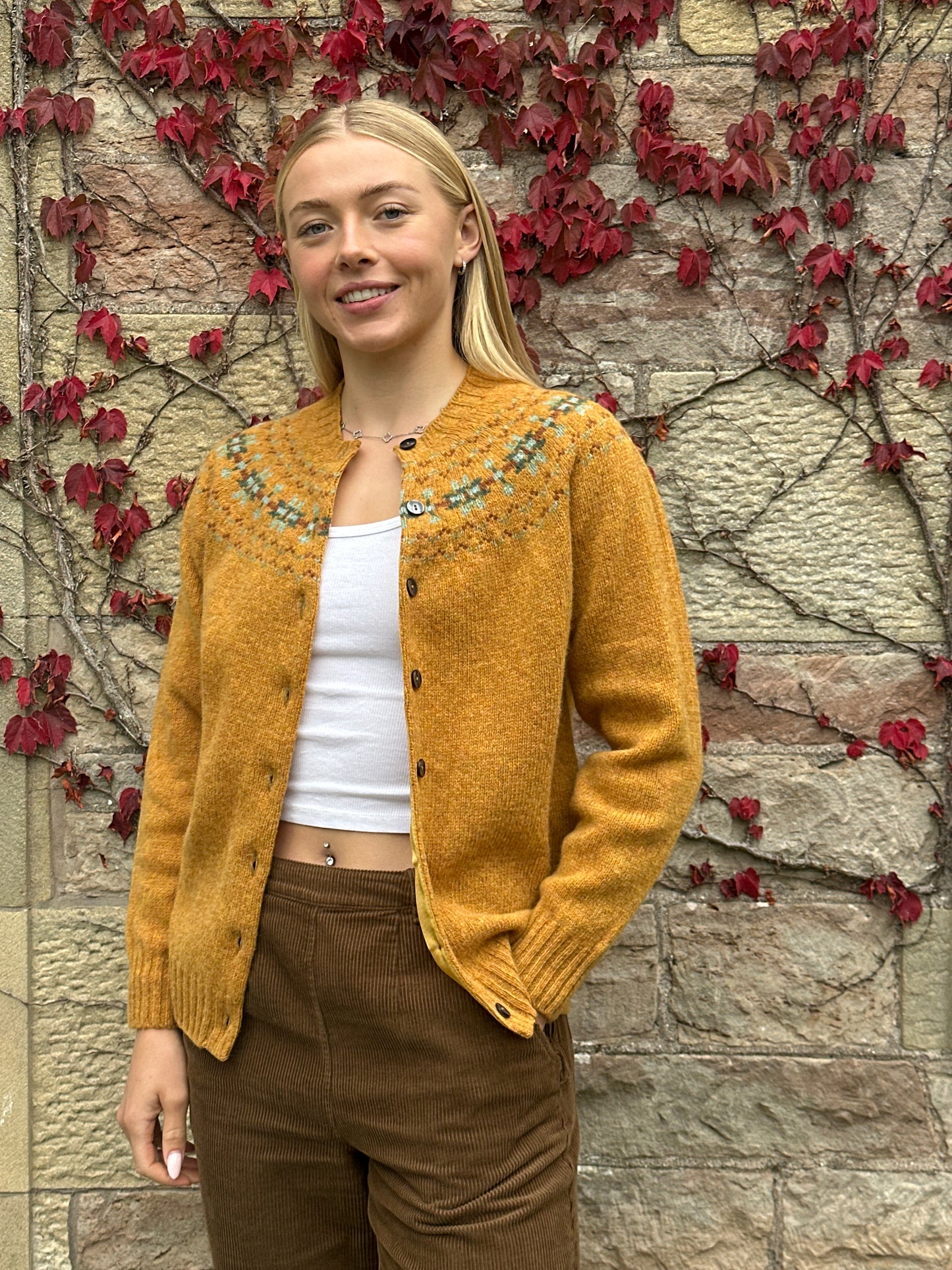Harley Of Scotland Fairisle Cardigan In Gold Dust