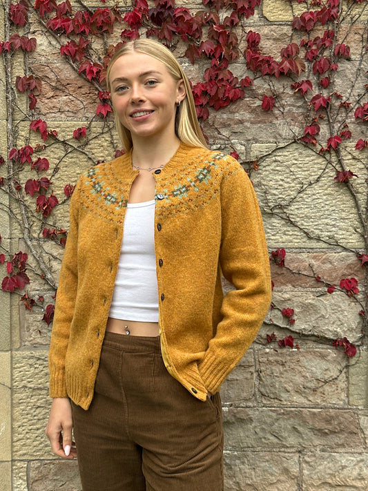 Harley Of Scotland Fairisle Cardigan In Gold Dust
