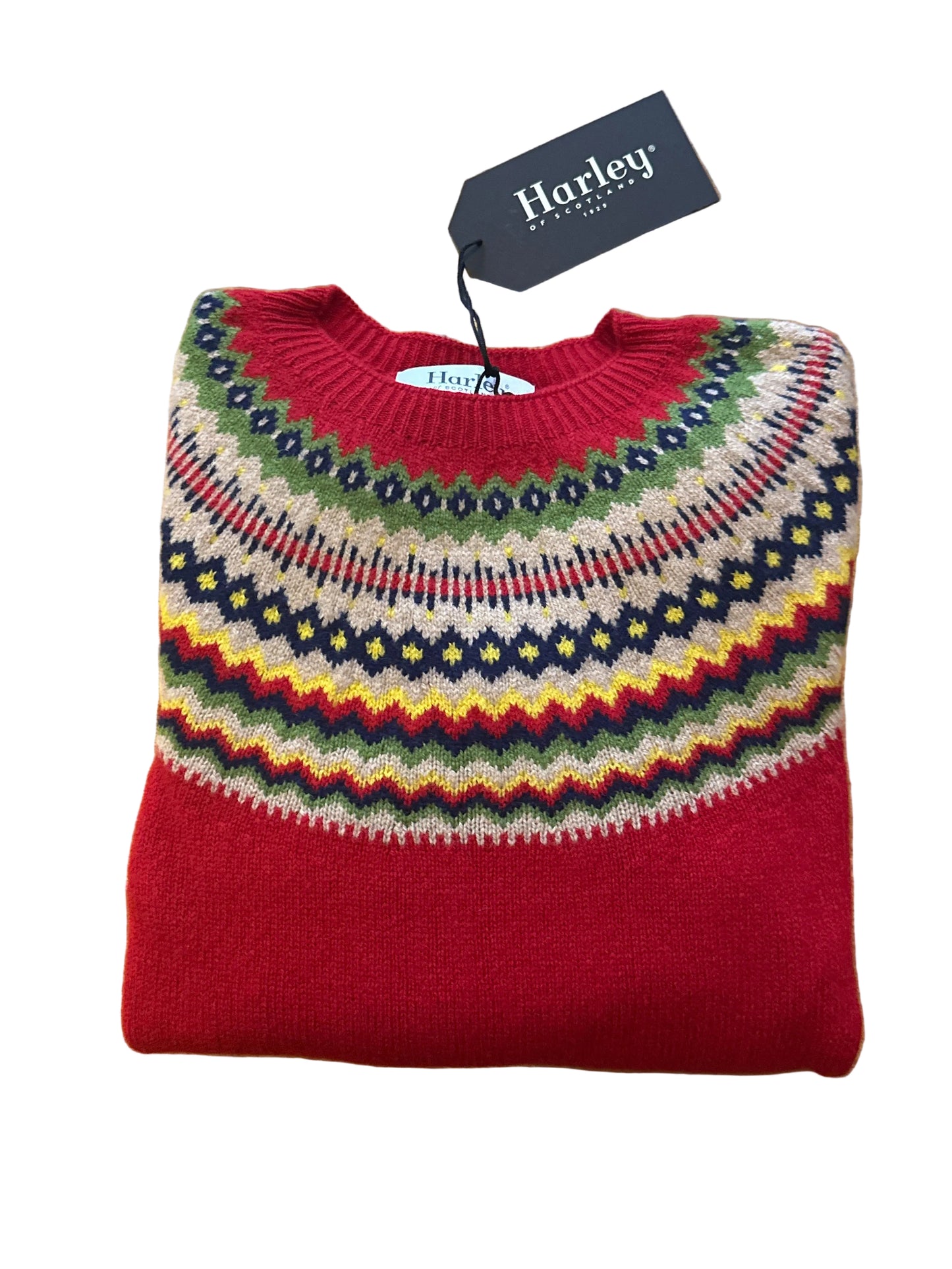 New Harley Of Scotland Supersoft Fairisle Yoke Sweater In   Ruby