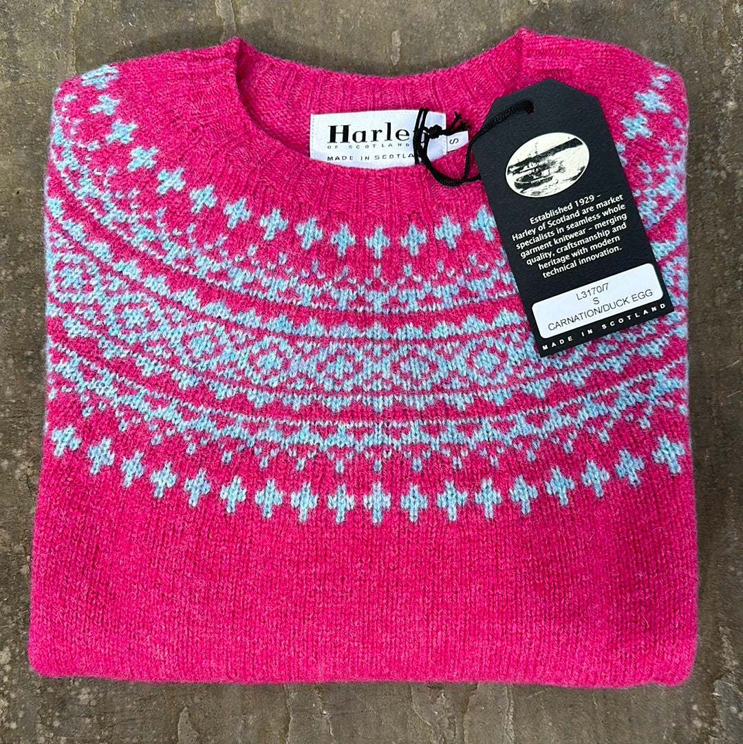 Harley Of Scotland Brushed Wool Crew Neck In Carnation/Duck Egg