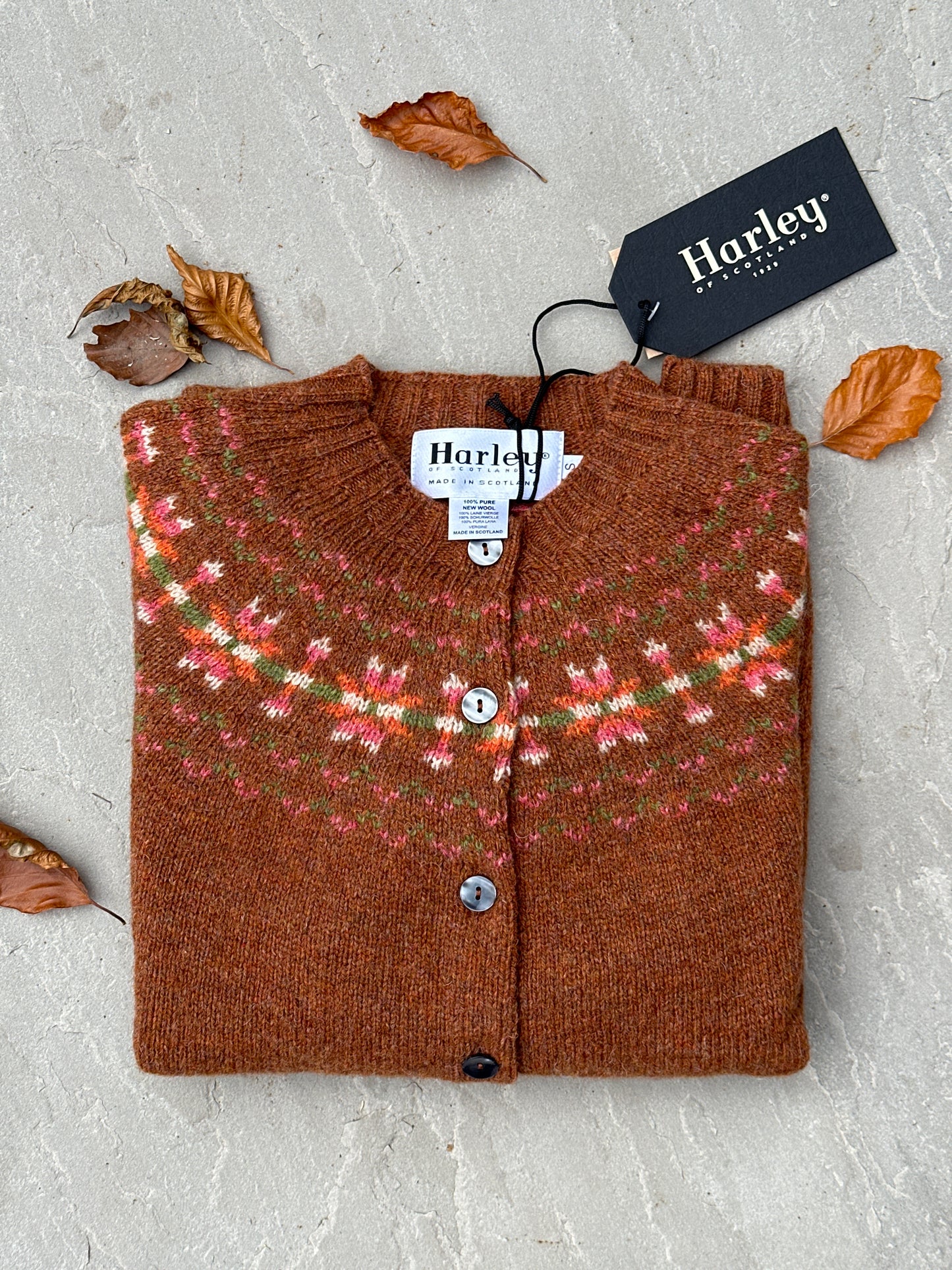 Harley Of Scotland New Fairisle Cardigan In Sienna