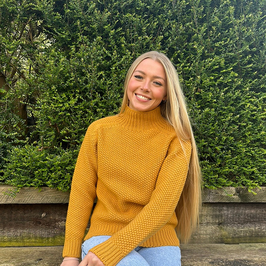 New Harley Of Scotland Moss Stitch Turtle Neck In Tansy