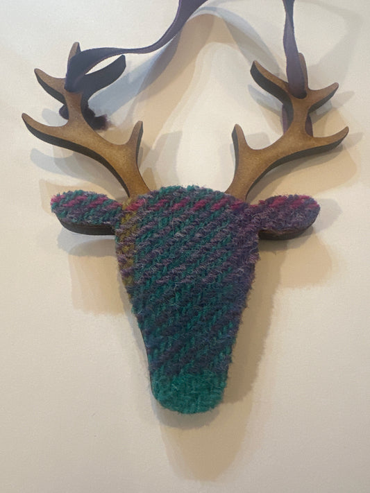 Scottish Small Hanging Stag In Harris Tweed
