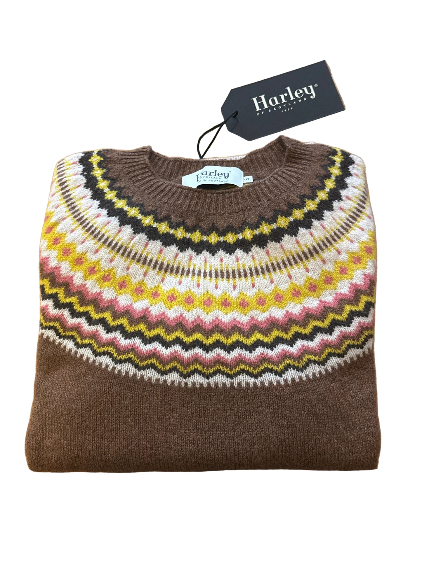 New Harley Of Scotland Supersoft Fairisle Yoke Sweater In Hazelnut