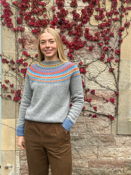 Harley Of Scotland Supersoft Yoke Sweater In Jean & Flannel Grey