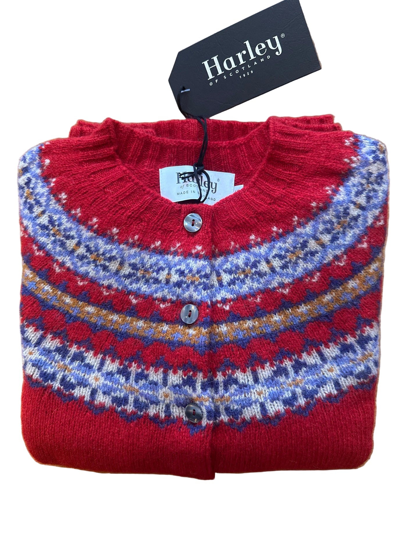 Harley Of Scotland New Shetland Fairisle Cardigan In Cardinal