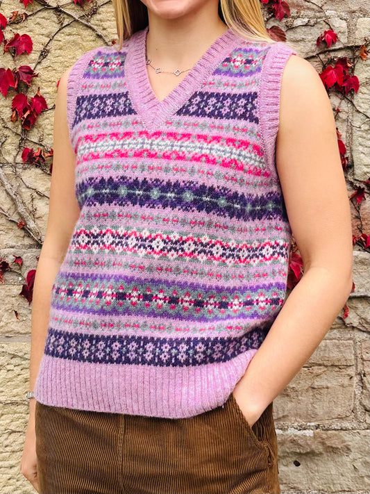 SALE Small only - New Harley Of Scotland All Over Fair Isle Tank Top In Heather Rose