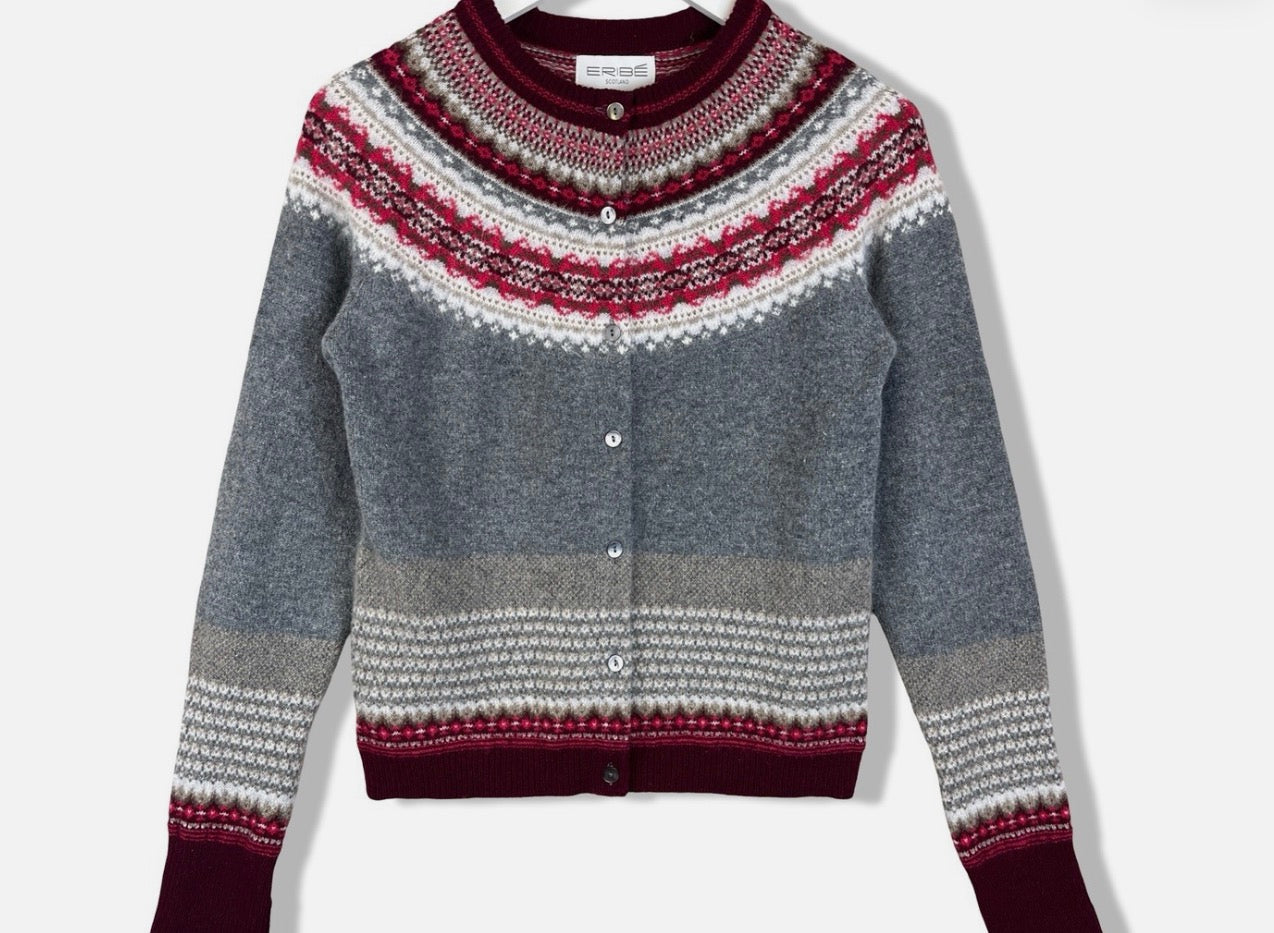 SALE Eribe Fairisle Alpine Cardigan In GREYBERRY SIZE EXTRA SMALL