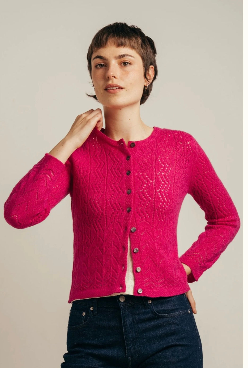 Eribe Solway Lace Cardigan In Punk Pink