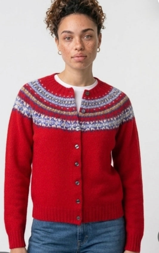 Harley Of Scotland New Shetland Fairisle Cardigan In Cardinal
