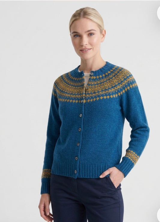 Harley Of Scotland New Shetland Cardigan In Neptune/Golddust