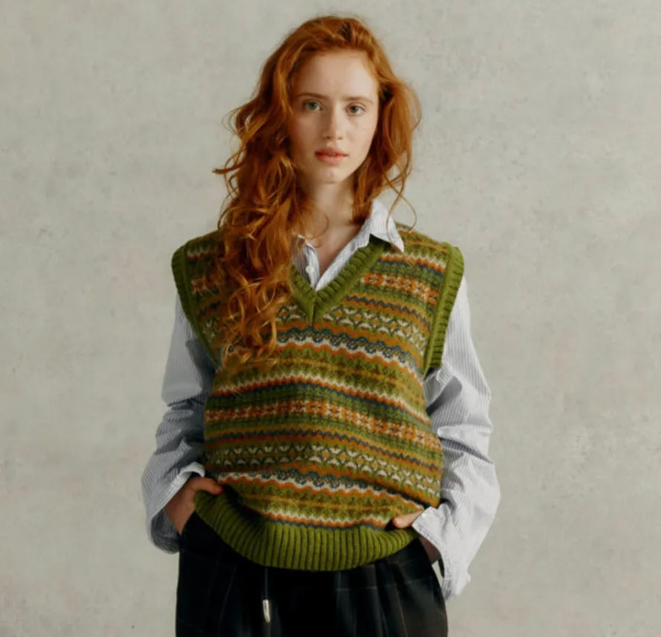 New Harley Of Scotland All Over Fair Isle Tank Top In Olive Grove