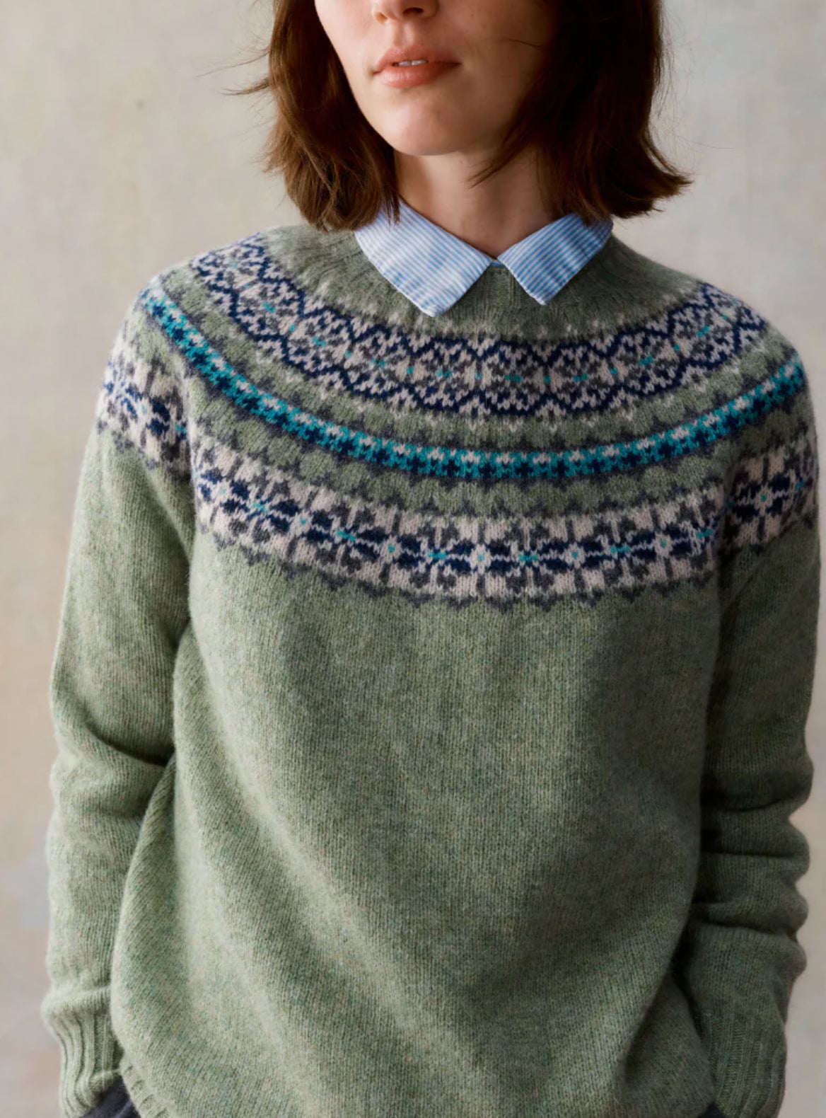 New Harley Of Scotland Fairisle In Sage