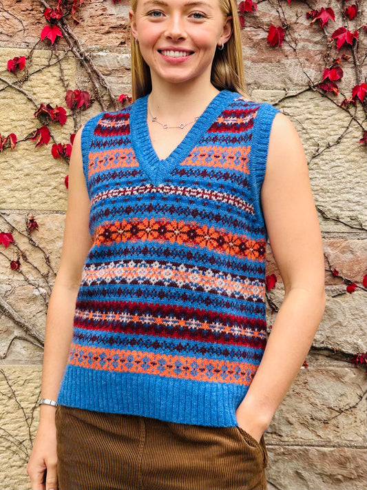 SALE Small only - New Harley Of Scotland All Over Fair Isle Tank Top In Blue Toon