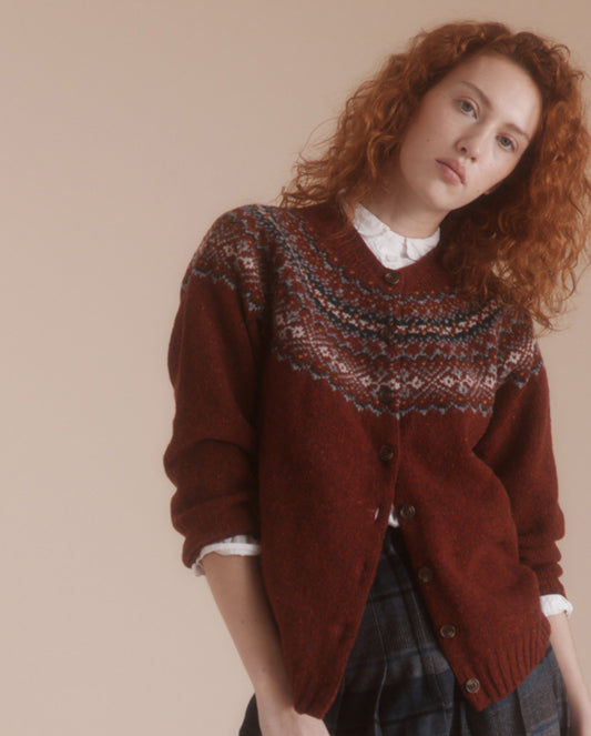 Harley Of Scotland Islander Yoke Fair Isle Cardigan In 'Hoy'