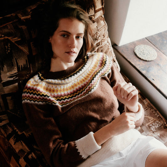 New Harley Of Scotland Supersoft Fairisle Yoke Sweater In Hazelnut