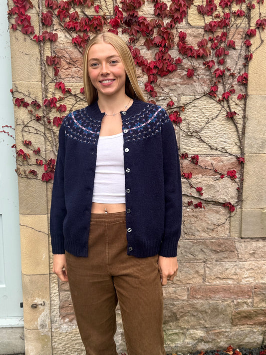 Harley Of Scotland Hara Yoke Fair Isle Cardigan In Navy 25