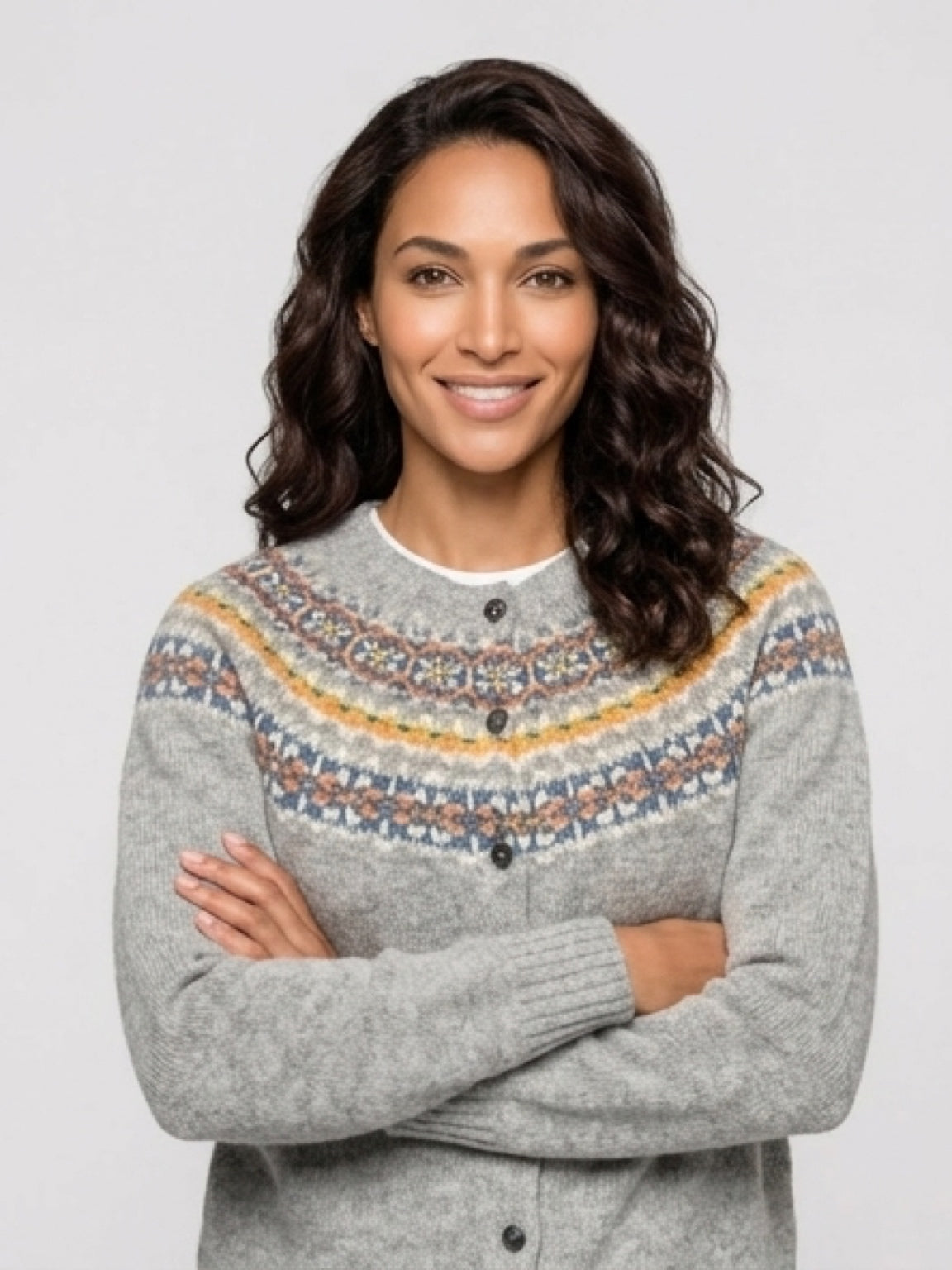 Scottish Shetland Fairisle Cardigan In Silver