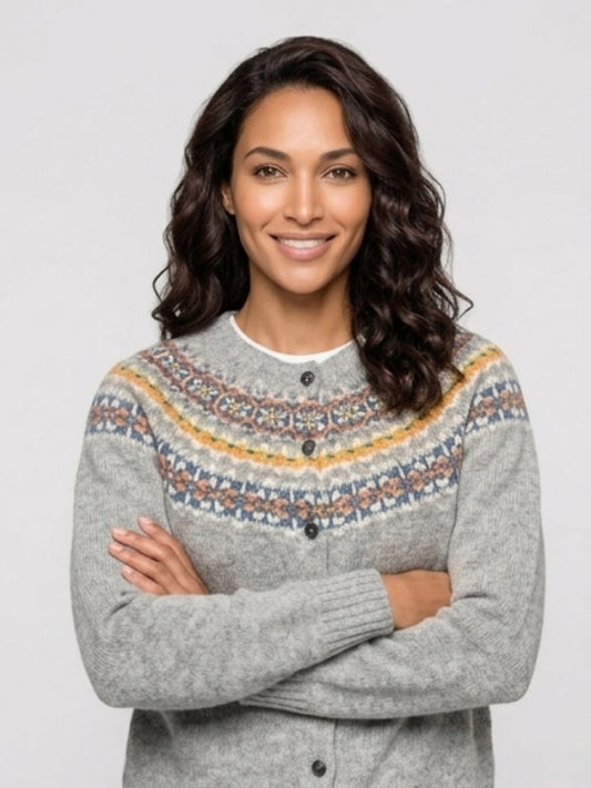 Scottish Shetland Fairisle Cardigan In Silver