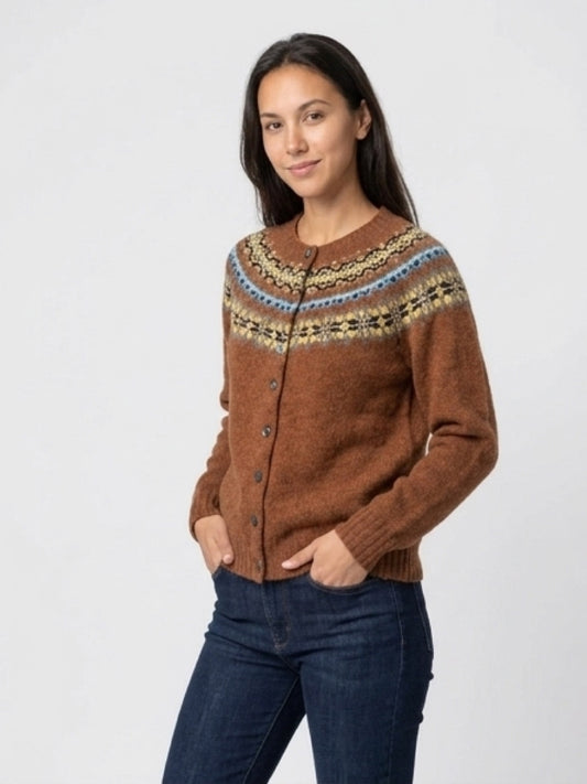 Harley Of Scotland New Shetland Fairisle Cardigan In Whisky