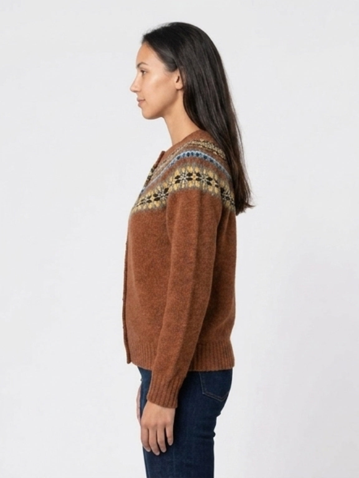 Harley Of Scotland New Shetland Fairisle Cardigan In Whisky