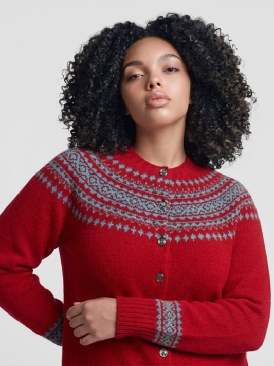 Harley Of Scotland New Shetland Fairisle Cardigan In Cardinal/Hummingbird