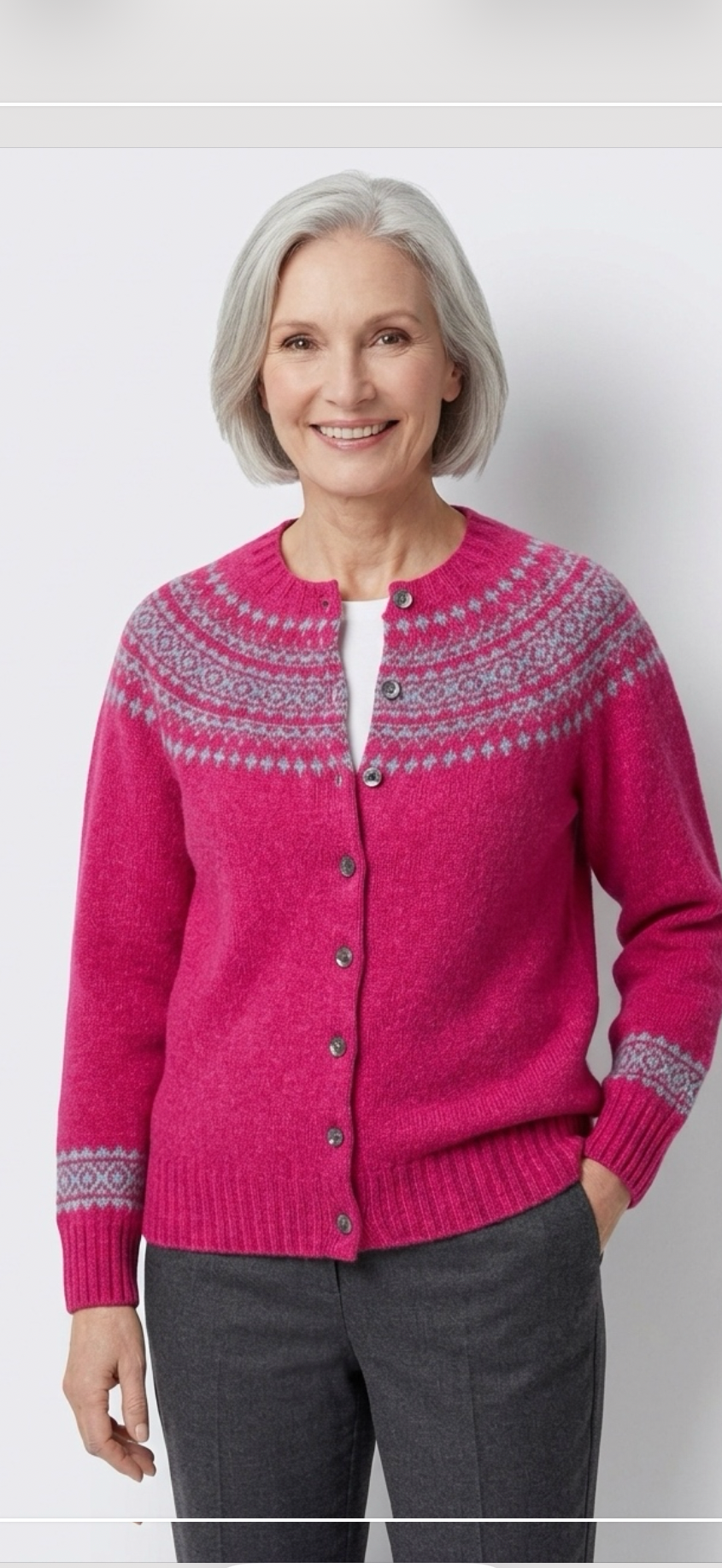 Harley Of Scotland Carnation & Duckegg Crew Neck Fair Isle Cardigan